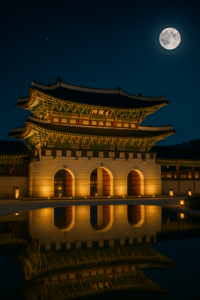 서울 경복궁 야간개장, 달빛과 조명 아래 비친 광화문 전경